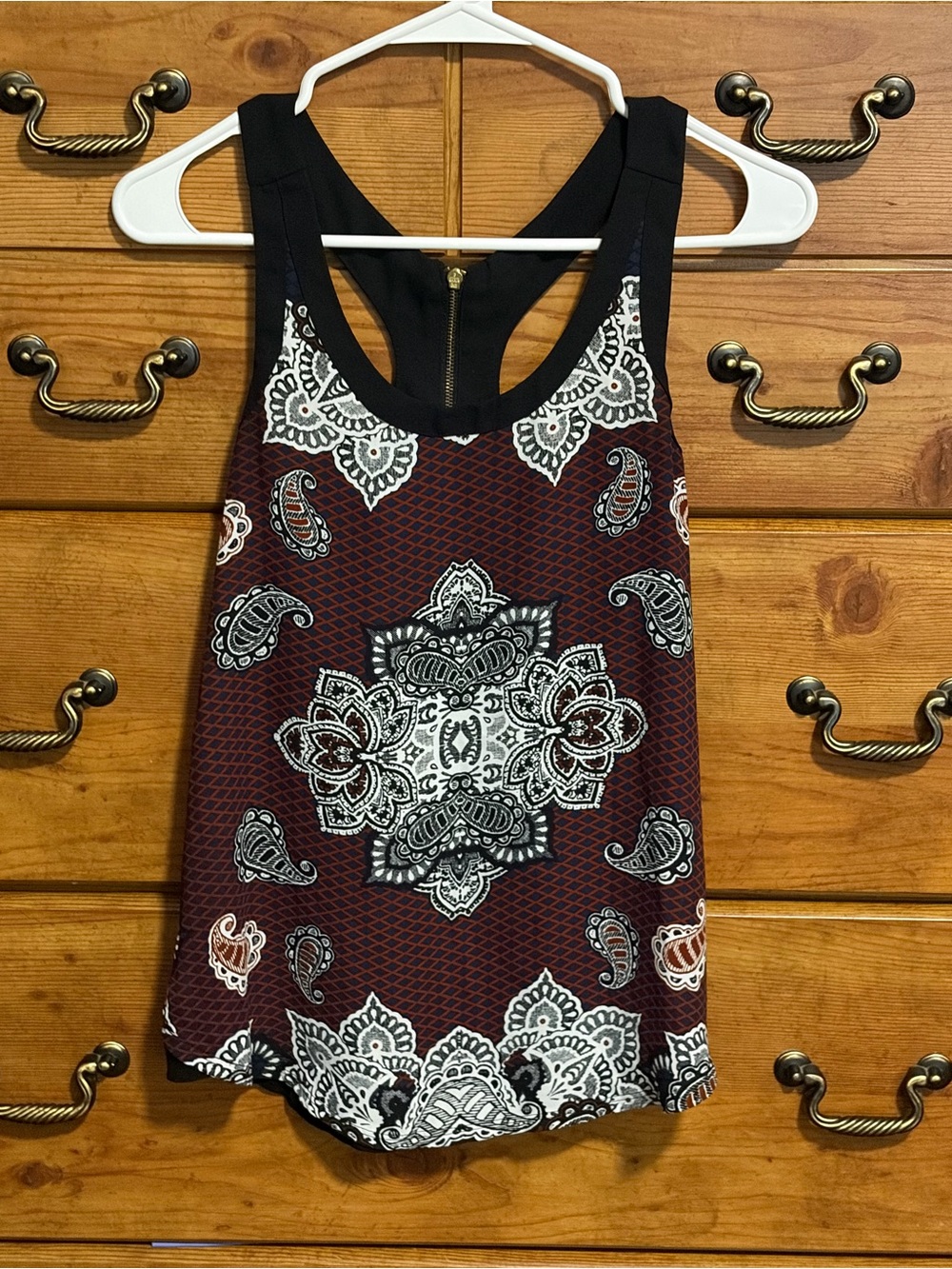 Express Burgundy Paisley Racerback Tank with Black Trim